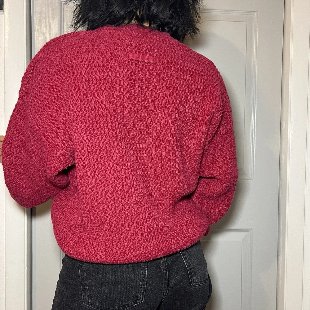 Vintage 90s Red Cotton Fisherman Knit Sweater Traditional Coastal Large‎